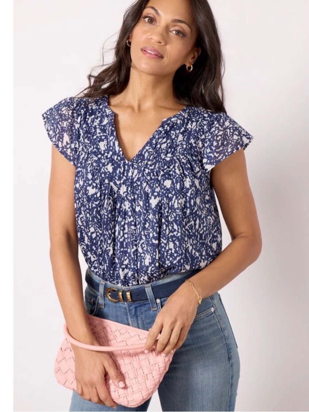 Evereve Arden Flutter Sleeve Top Blouse Navy White 100% Cotton Size Large